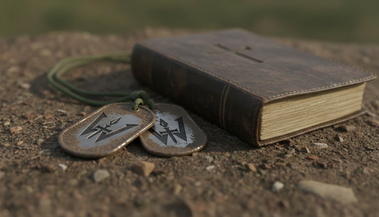 Dog tags engraved with the Warborn logo beside a Bible in the dirt, symbolizing grief, faith, and hope. Warborn Supply Co.