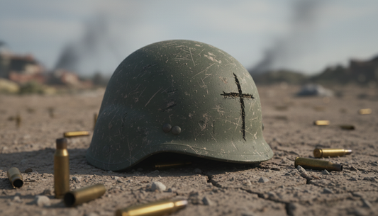 Battle-worn army helmet resting in the dirt with a carved cross on the front, symbolizing faith, sacrifice, and purpose. Warborn Supply Co.